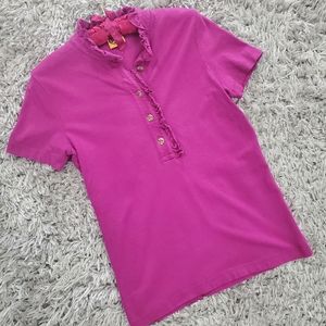 Tory Burch Fushia Ruffled Collar Polo Shirt with Gold Monogram Buttons Size M